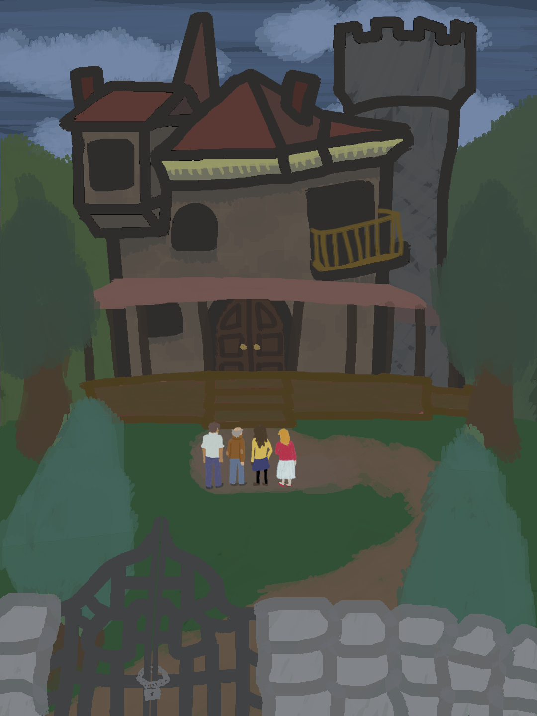 a painting depicting the titular house and four main characters from The Haunting at Hill House by Shirley Jackson. the house is large and imposing, surrounded by trees, with a winding dirt path leading to it from a locked wrought-iron gate. the house has many crooked angles and asymmetries, with a large awning, a balcony, multiple chimneys, a stone tower, and a protruding dorm. in front of the house looking towards it are four people. from left to right they are Luke, a tall man with short brown hair, a white shirt, and blue pants. Dr. Montague, an older gentleman with balding grey hair, a brown leather coat with elbow patches, and faded jeans. Theodora, a woman with long dark hair, a bright yellow jacket, a dark blue skirt, and black leggings. and Eleanor, a young woman with orange-blonde hair, a red sweater, and a long white skirt.